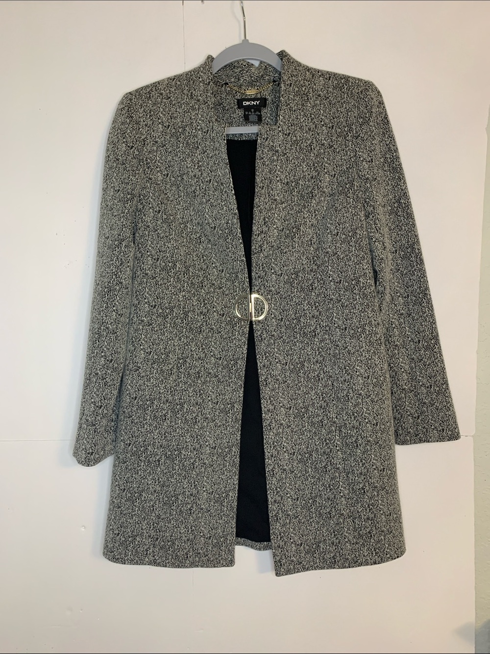 DKNY Gray Tweed Open Front Trench Coat with Decorative Clasp Size 8P
